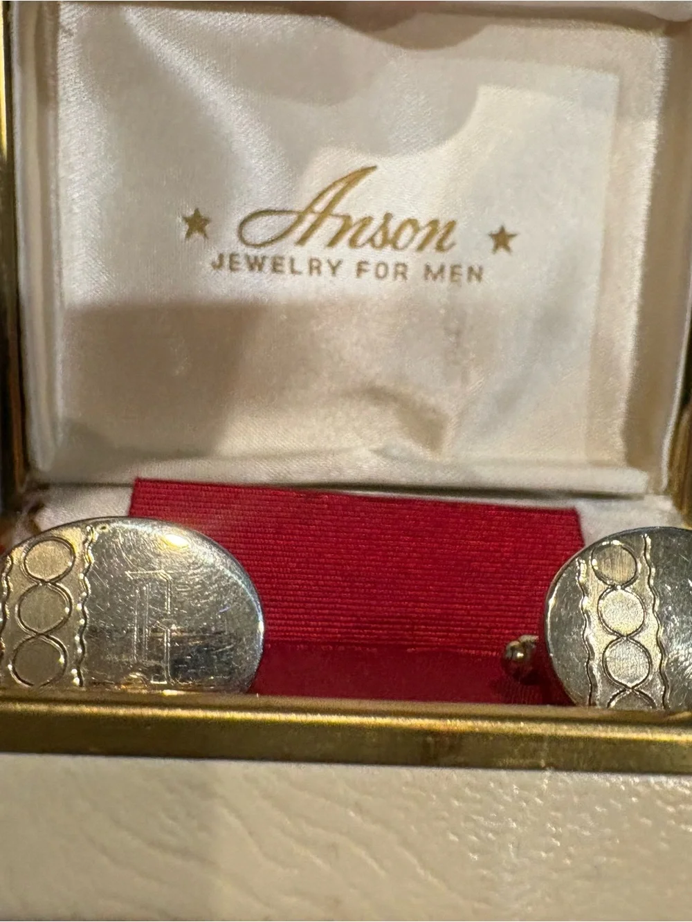 Anson vintage gold-tone oval cufflinks ft. textured wave and pillar R Engraving